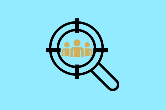 Icono de lupa enfocando a un grupo de personas, representando la identificación del público objetivo en LinkedIn, sobre fondo azul
