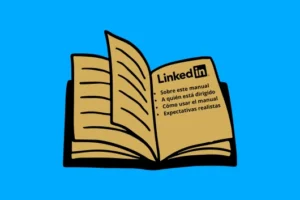 Ilustración de un manual abierto en tonos dorados con una página que muestra el logo de LinkedIn, sobre fondo azul, representando los primeros pasos después de LinkedIn iniciar sesión.
