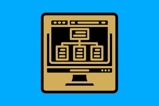 Ilustración dorada de un diagrama en pantalla que representa los pasos del manual de 7 semanas para optimizar tu perfil después de LinkedIn iniciar sesión, sobre fondo azul.