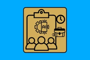 Icono representando un plan de negocios con IA, que incluye un chip de inteligencia artificial y un equipo de trabajo revisando estrategias